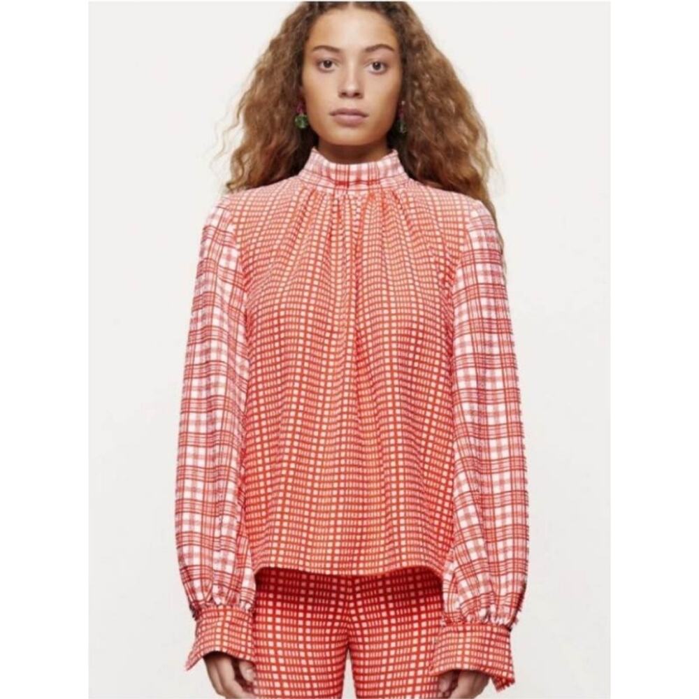 Stine Goya Eddy Pink Plaid Print Mock Neck Top New Small